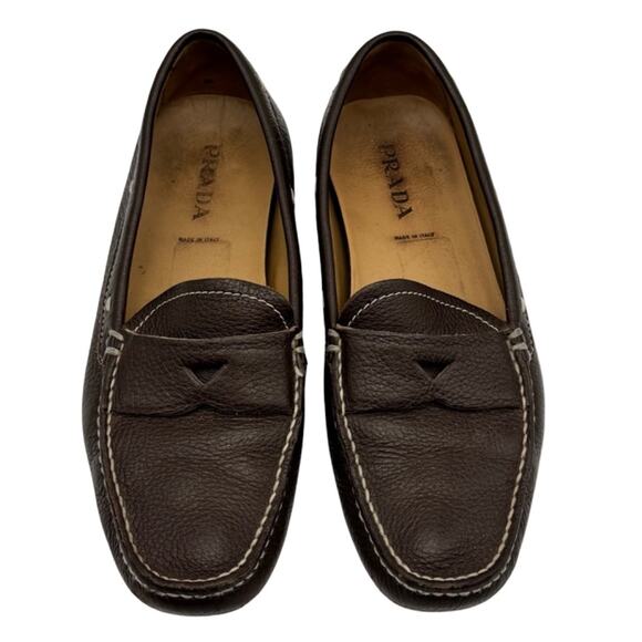 Prada Brown Pebbled Leather Loafers Shoes women’s EU 37 Italy Classic Slip-On - Picture 1 of 12